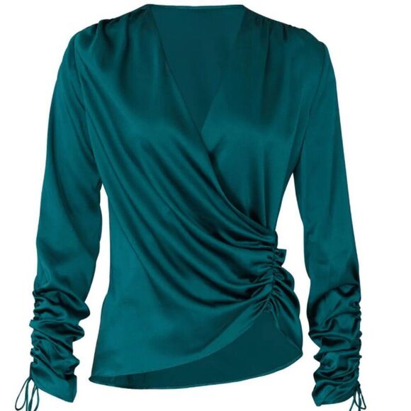 Jonathan Simkhai Green silk wrap asymetrical blouse EUC Size large - Picture 6 of 14